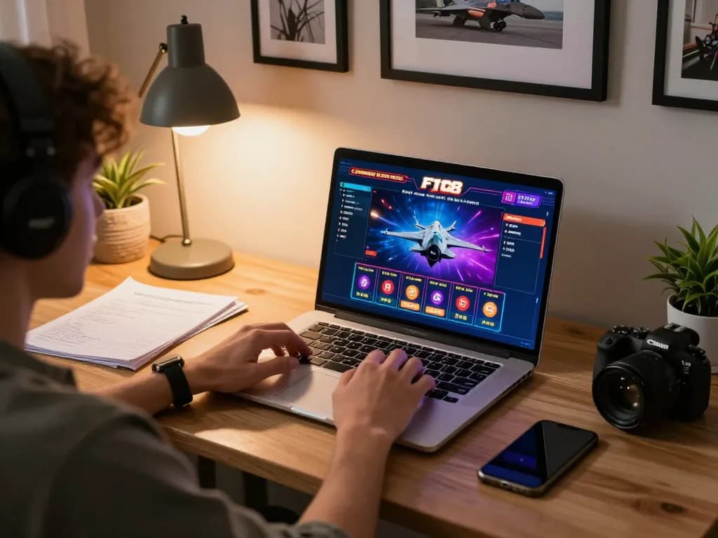 F168 user engaging with online casino on laptop in a cozy setting, showcasing strategic gameplay.