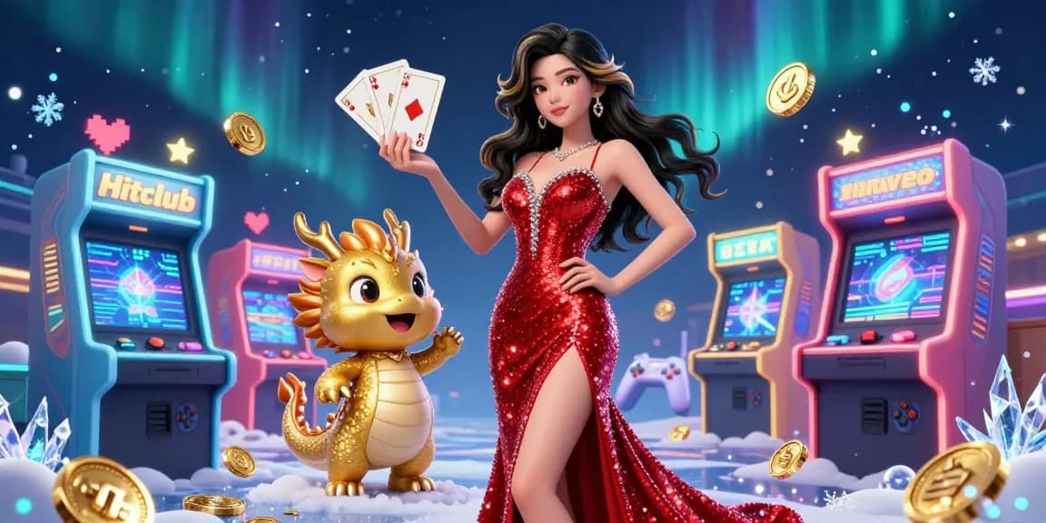 Hitclub offers thrilling gameplay with its vibrant casino scene featuring an elegant woman and a golden dragon.