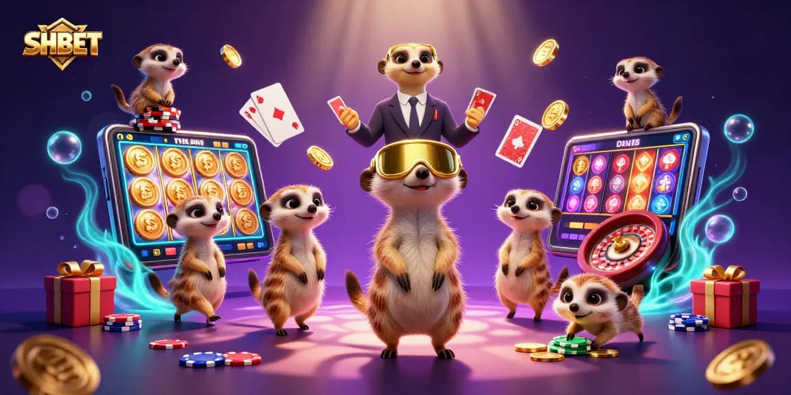 Engaging SHBET casino scene with lively meerkats, vibrant games, and exciting betting actions.