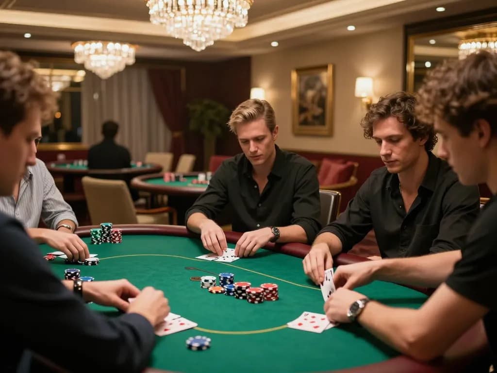 Players engage in a strategic poker game at exclusive go8 private room with luxury decor.