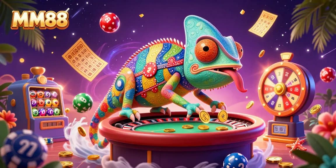 Engaging MM88 illustration showcasing a vibrant casino scene with a 3D chameleon character, lottery balls, and prize wheels.