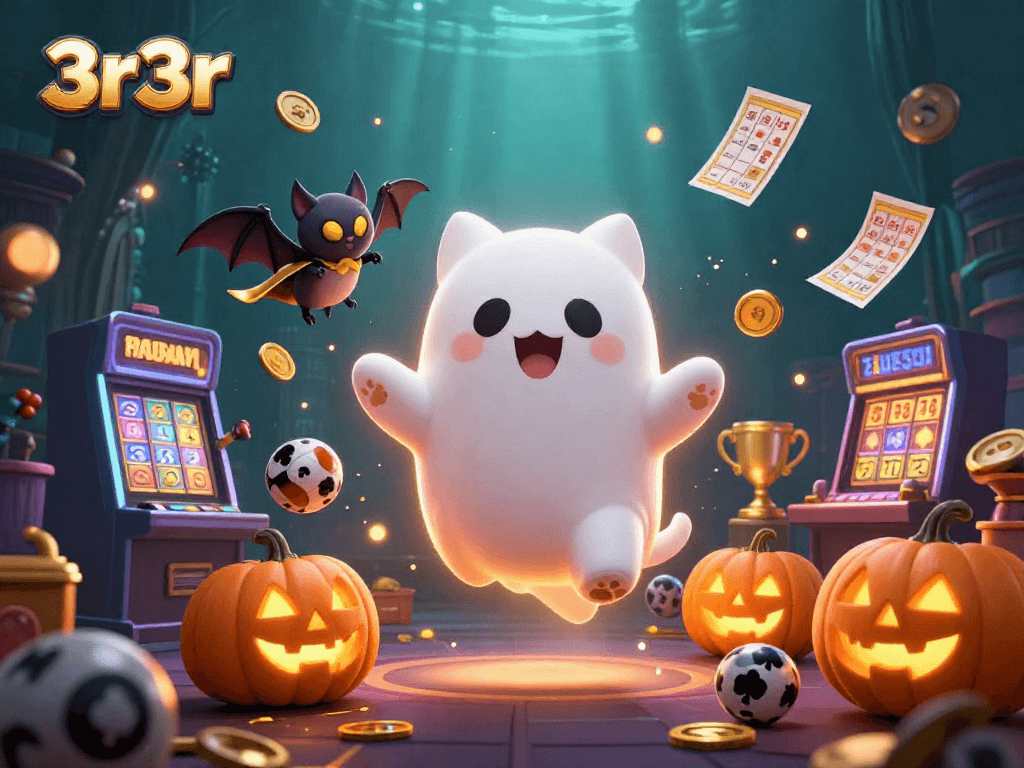 Engage in exciting gaming with 3r3r's vibrant illustrations of ghost cats, jackpots, and lottery luck.