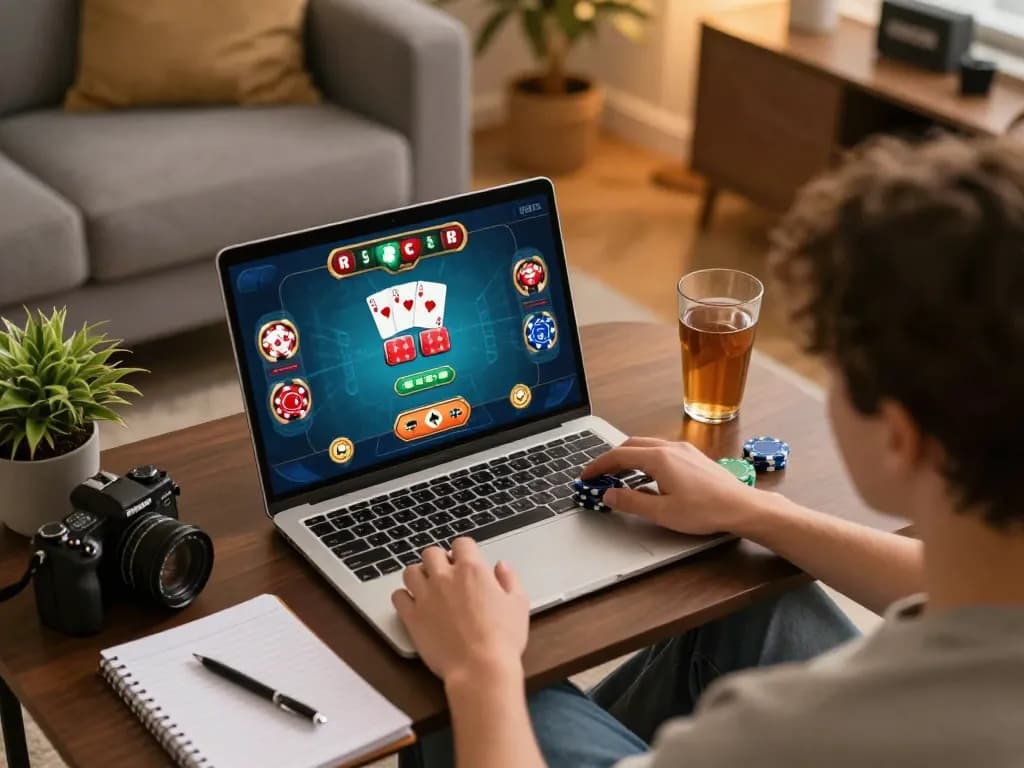 Experience strategic online poker gameplay with W88 in a cozy home setting, showcasing vibrant graphics and focused engagement.