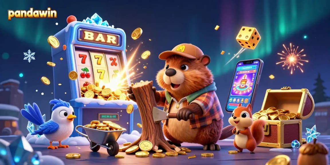 Pandawin menggambarkan suasana permainan slot yang cerah dengan seekor berang-berang, burung, dan tupai yang mengumpulkan koin emas.