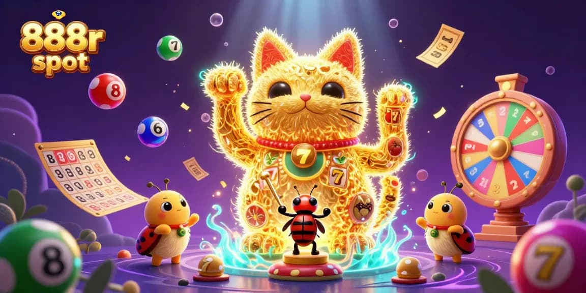 Spin the 888r slot with vibrant animations and a lucky cat formed by fireflies thriving in an exciting casino atmosphere.