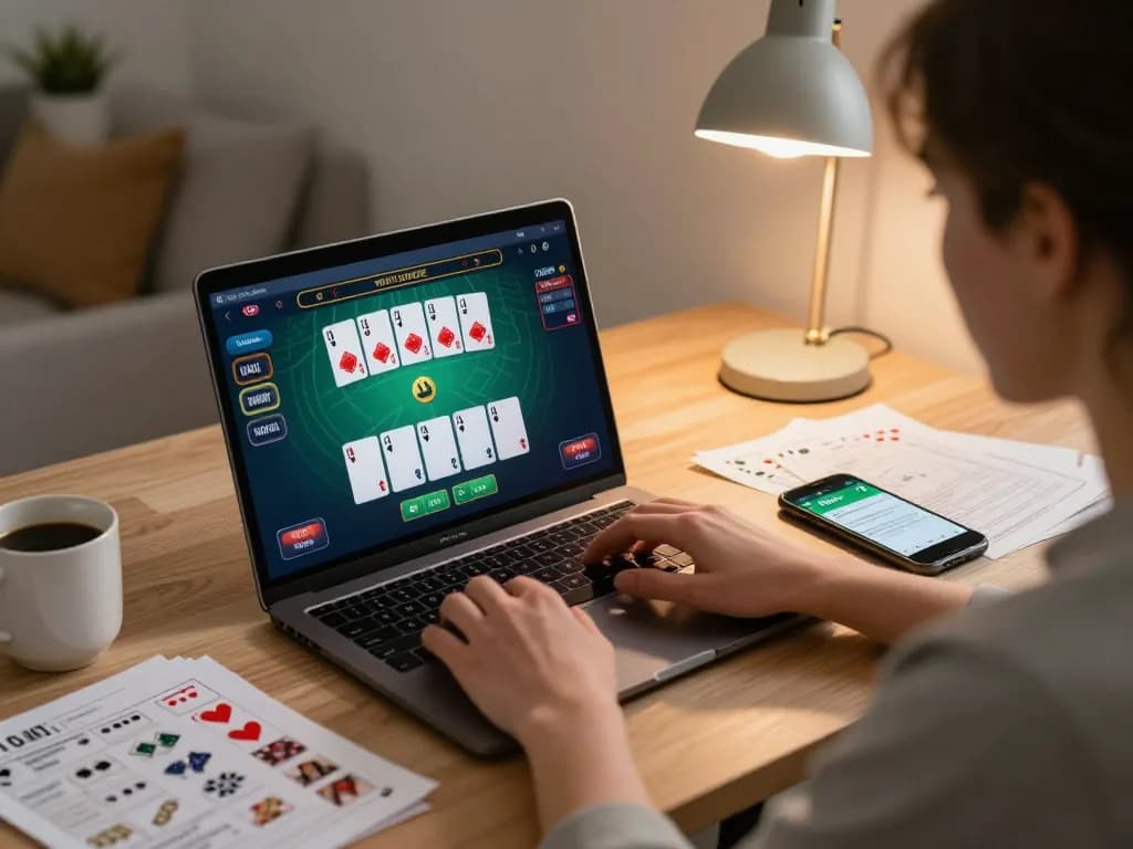 Player engaging with 9bet blackjack game on laptop, showcasing dynamic online gambling scene.