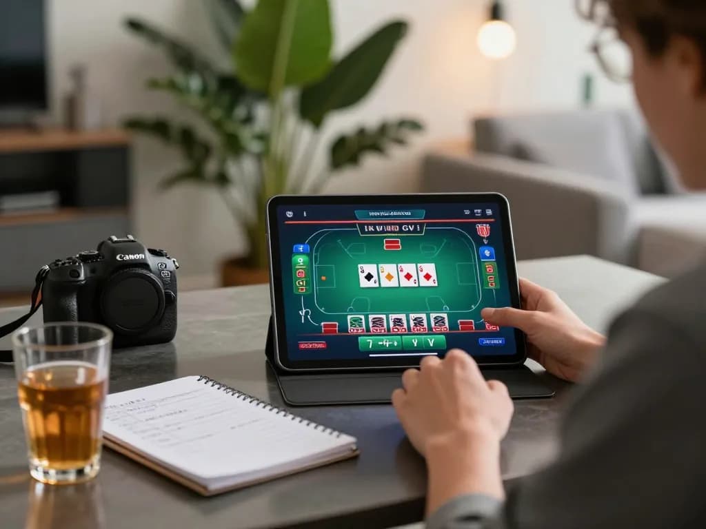 Engaging in a vipwin online blackjack game on a high-tech tablet in a comfortable home setting