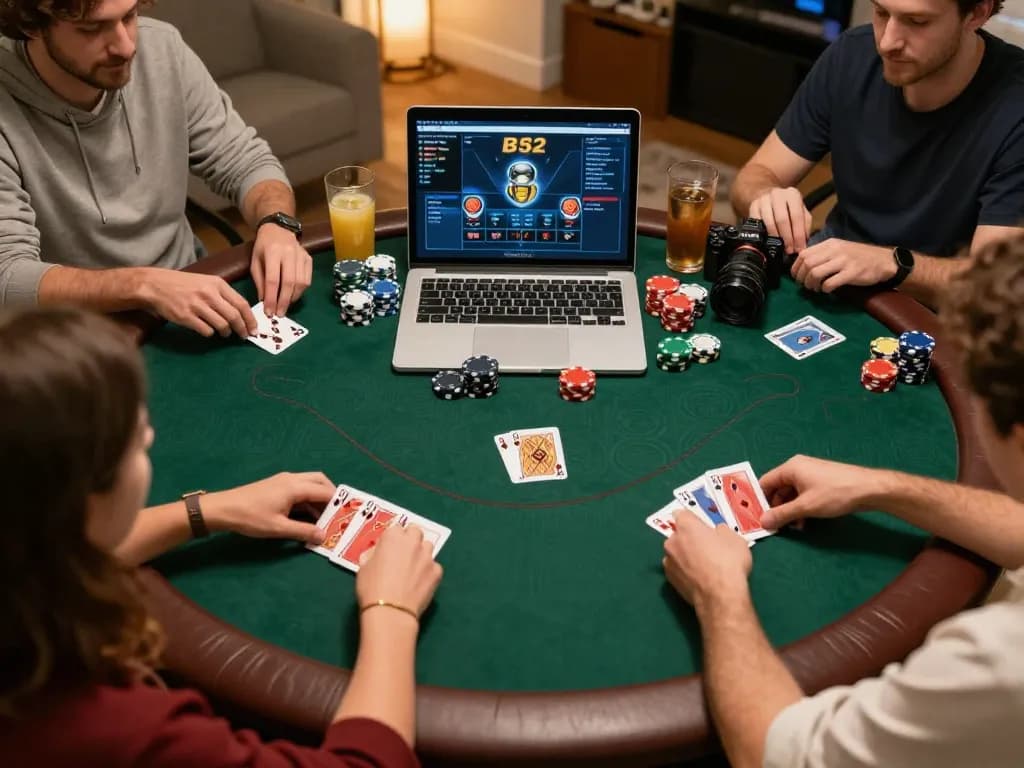 Engaging online poker game featuring B52 strategy with players and snacks in cozy home setting.