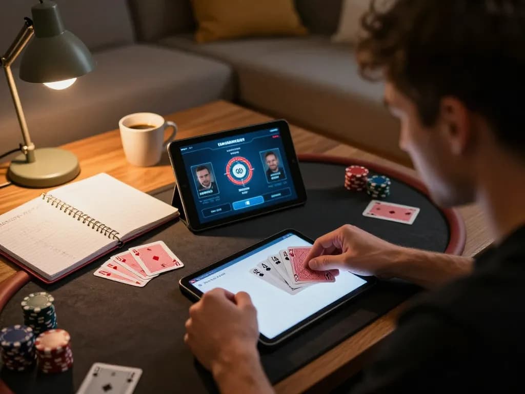 Engaging in a focused online poker game on dinamit4d, set in a cozy home environment with strategic notes.