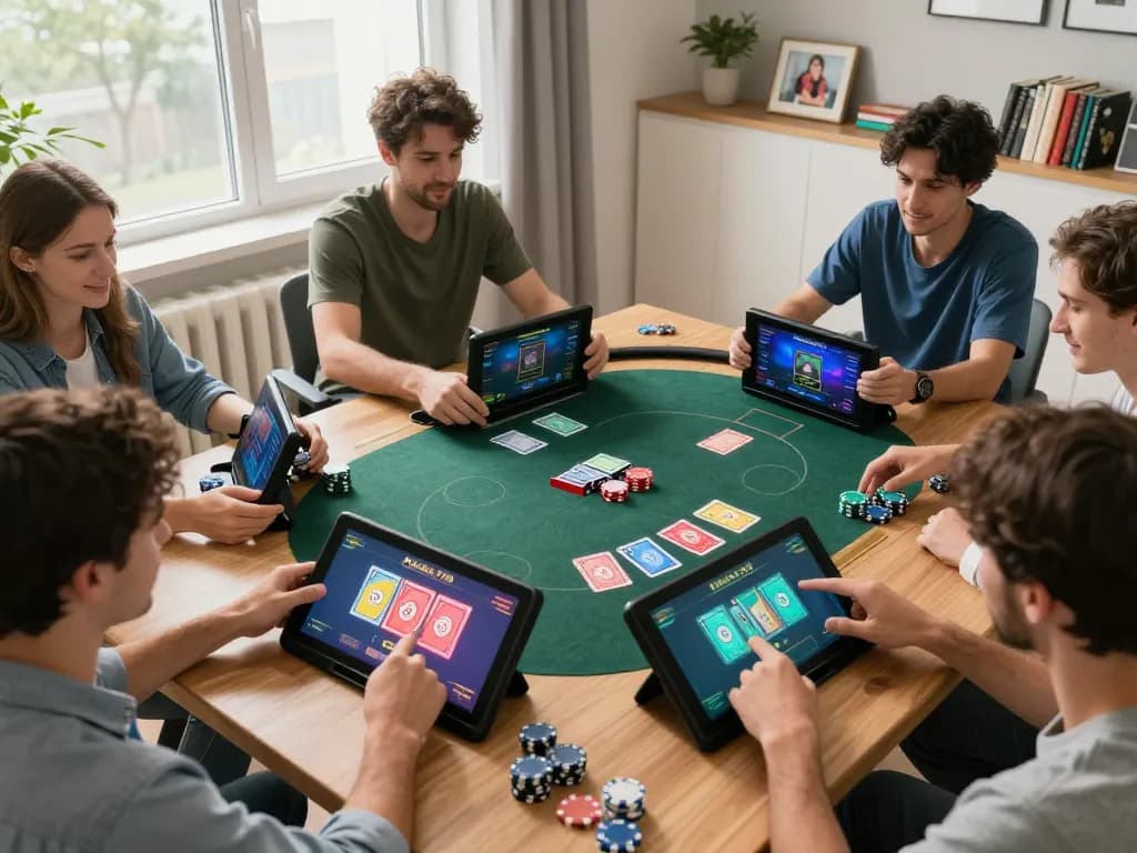 KADAL778 players strategizing during an engaging online poker game at home, showcasing exciting gameplay elements.