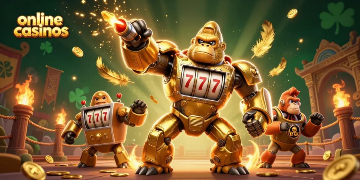 Engage with online casinos through a dynamic 3D scene of a golden gorilla mech