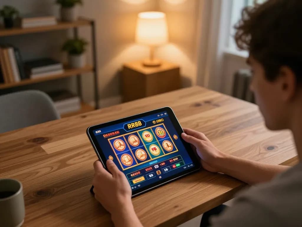 Engaged player enjoying RR88 casino app on tablet at home.