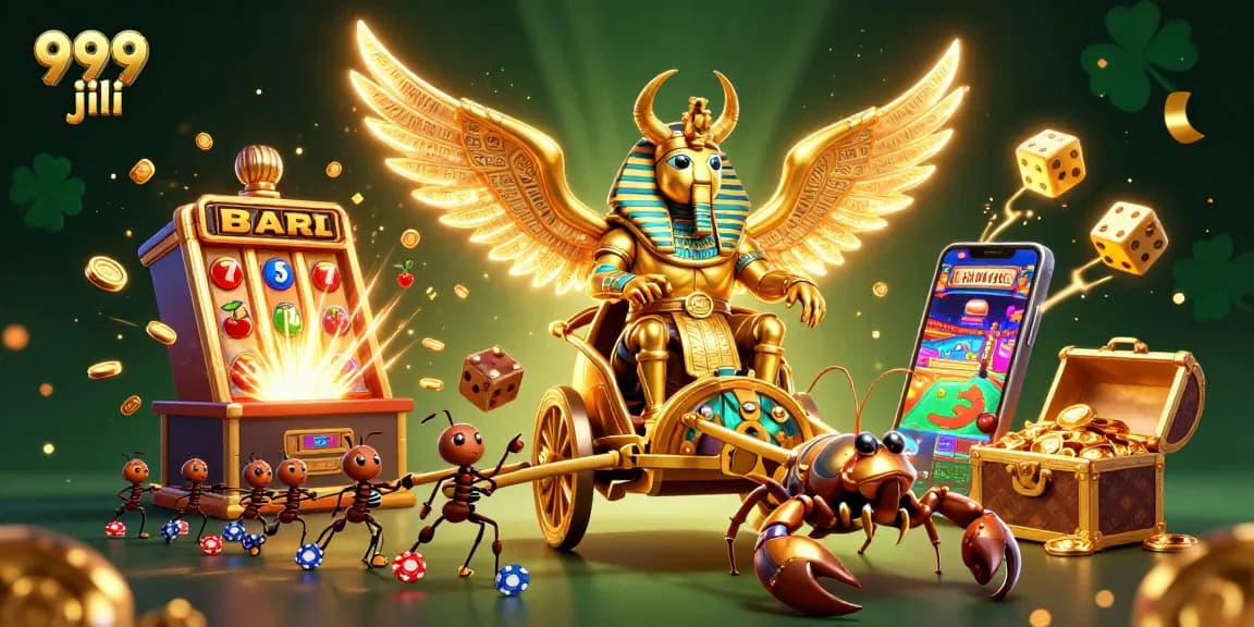 Engage with 999 jili through an epic gaming scene featuring a colossal scarab beetle, slots, and excitement.