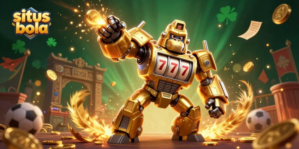 Engage with situs bola at this vibrant sports betting scene featuring a transformative golden gorilla mech.