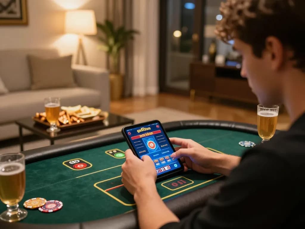 Player enjoying online casino games on a mobile device while engaging with god55vn in a cozy setting
