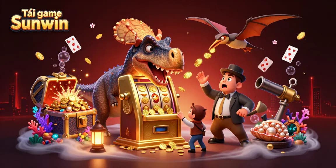 Tải game Sunwin: Experience the thrill of jackpots with a playful dinosaur scene in a vibrant casino atmosphere.
