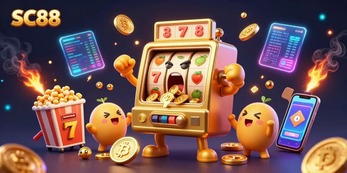 Embark on winning spins with SC88 as a jubilant golden slot machine celebrates a jackpot, surrounded by festive game elements.