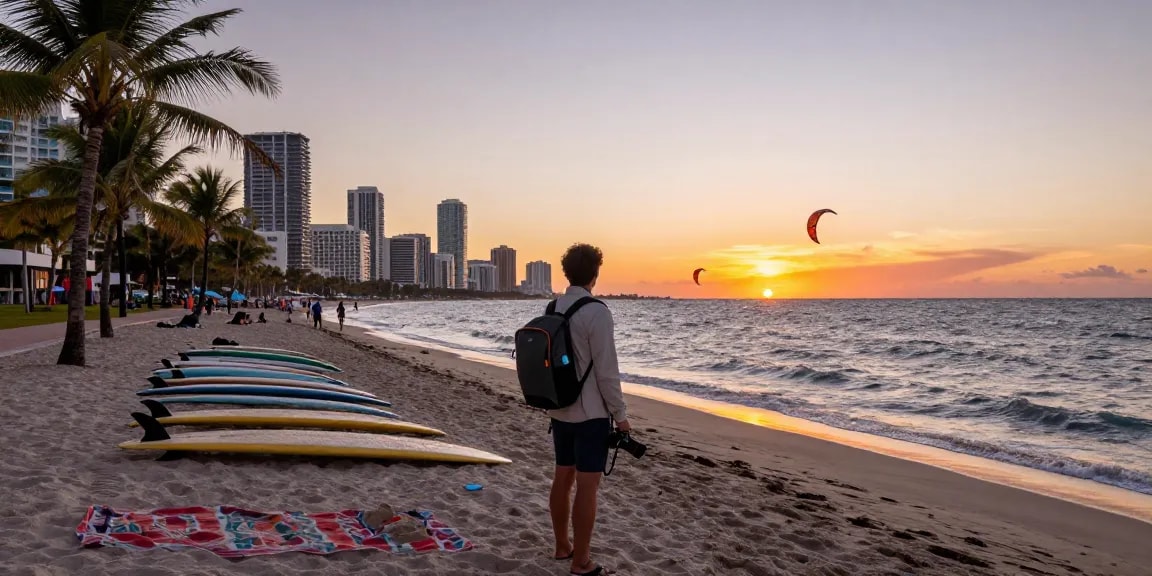 Menikmati pemandangan indah Miami di pantai, https://miami4d.com/ menampilkan senja yang mempesona.