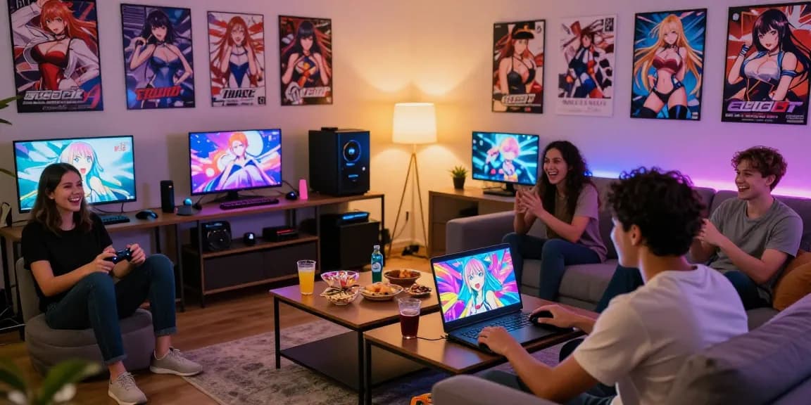 Group of diverse gamers enjoying ecchi games in cozy living room.