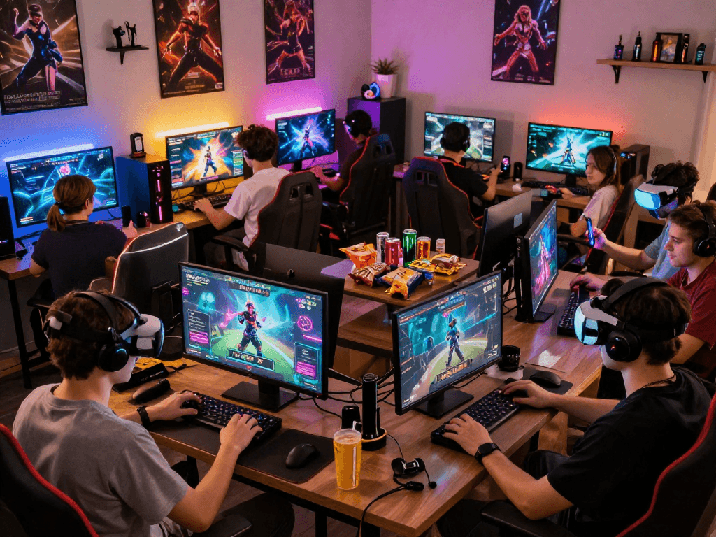 Exciting mind control porn gaming scene with diverse players engaged in immersive experiences on devices, showcasing vibrant graphics.