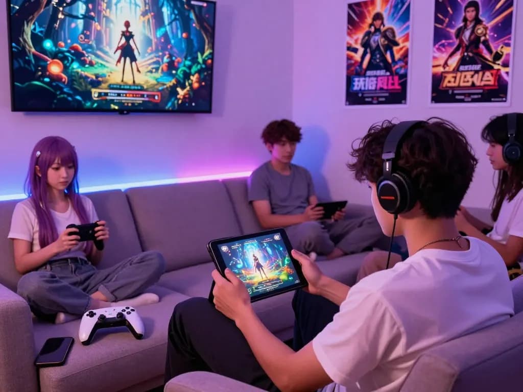 Engaging player immersed in porngames on a tablet, vibrant adult visual novel characters in the background.