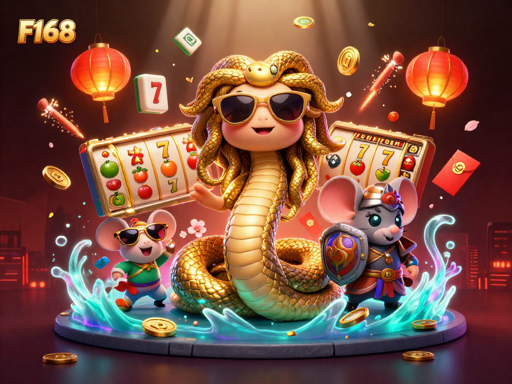 Experience thrilling slots gameplay with F168's vibrant illustration of Medusa and gaming elements.