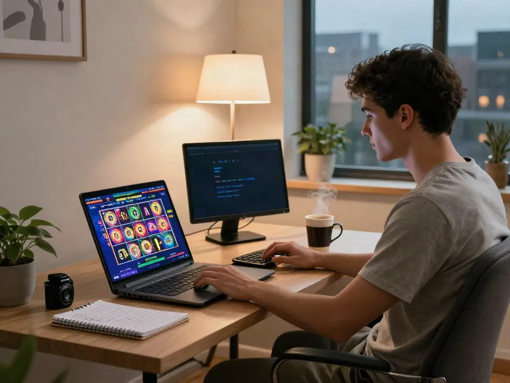 Engaging online gambling scene with user playing slots on a laptop at home office, featuring bright graphics and cozy atmosphere.