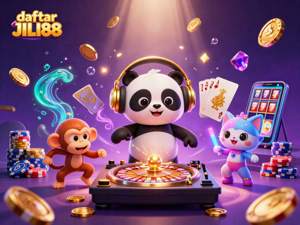 Engage with daftar JILI88 through vibrant gaming action showcasing a DJ panda and playful casino elements.