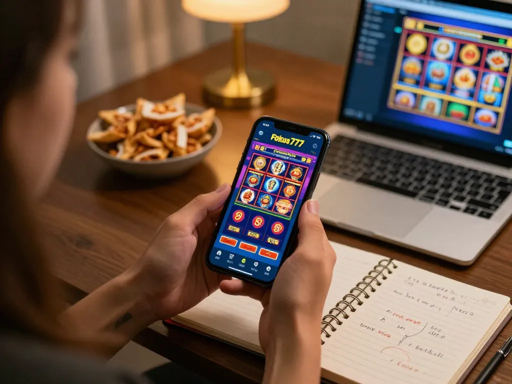 Engaging with Fokus777 mobile app for responsible gaming in a cozy home setting.