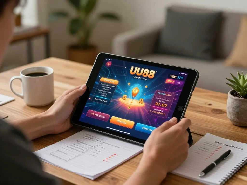 Engaging scene of a user playing UU88 on tablet, showcasing a modern betting atmosphere.