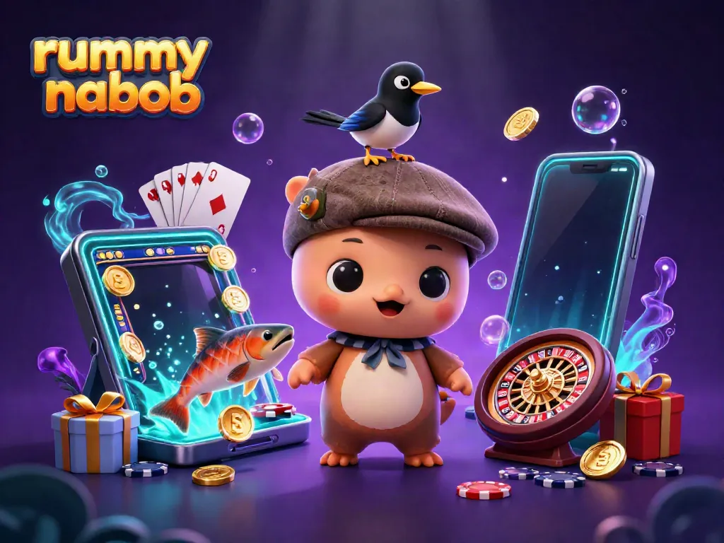 Rummy nabob menghibur dengan karakter lucu dan elemen kasino berkilau, menggambarkan kesenangan bermain.