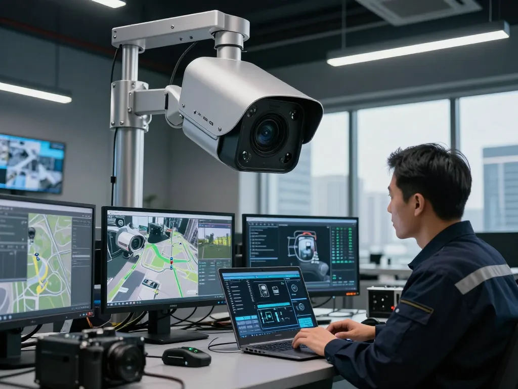 HD4D surveillance camera in a modern security tech environment with monitoring dashboards and equipment.