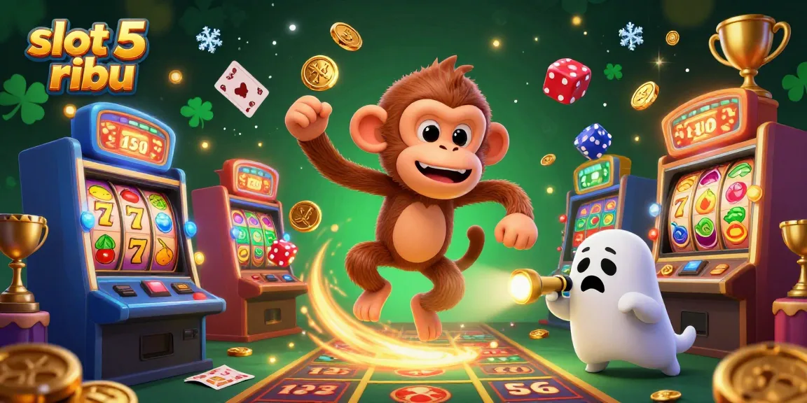 Experience the thrill of slots as a mischievous poltergeist monkey juggles coins in a haunted casino, highlighting slot 5 ribu.