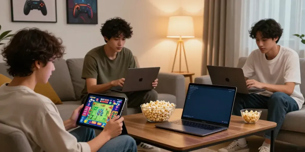Players enjoying SLOT TOTO games on various devices in a cozy living room setting, highlighting engagement and comfort.