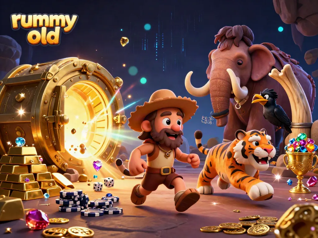 Engaging rummy old image showcasing a vibrant prehistoric casino scene with cartoon characters and dynamic game elements.