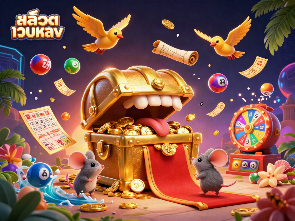Engaging scene depicting สล็อตเว็บตรง with a treasure chest, vibrant lottery elements, and dynamic casino atmosphere.