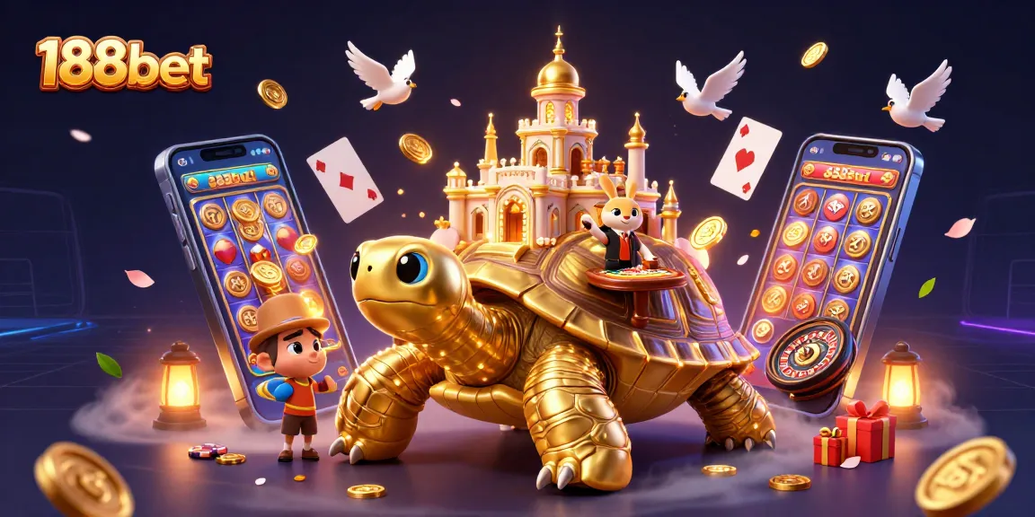 Experience thrilling gameplay with 188bet at this vibrant casino illustration featuring a golden tortoise and a rabbit dealer.