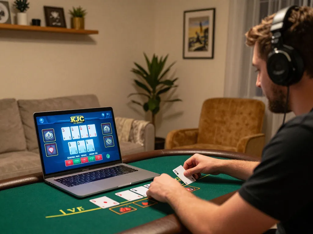 KJC member playing live dealer blackjack at home, showcasing engaging online gambling experience.