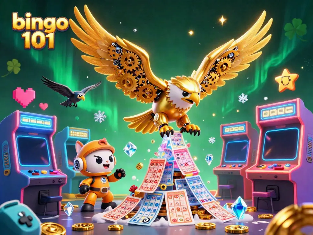 Engage in exciting games on the bingo 101 platform with an action-packed scene featuring a golden eagle amidst bingo cards and neon arcade elements.