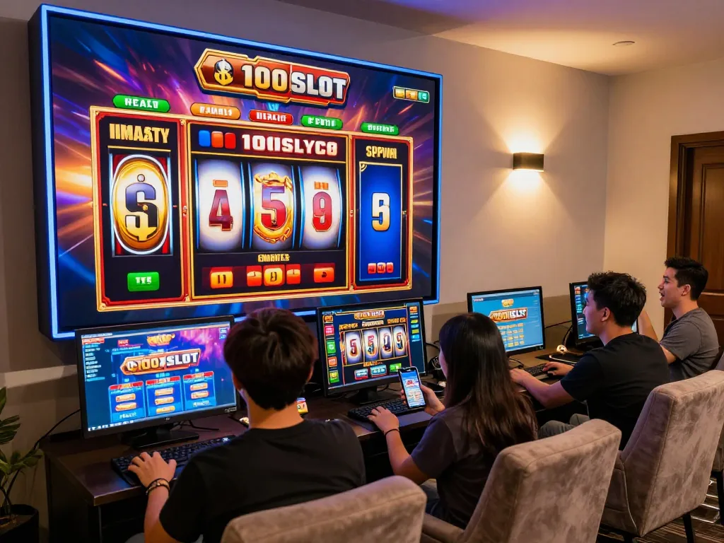 Engaging gameplay at 1001SLOT with vibrant slot machines and excited players.