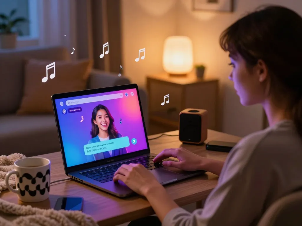 Engaging in ai sex chat on laptop in cozy home setting, vibrant interface illuminated.