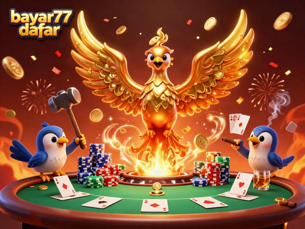 Engage with bayar77 daftar in an exhilarating 3D digital casino scene featuring a golden phoenix and poker games.