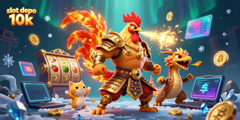 Permainan slot depo 10k menampilkan karakter ayam jantan petarung dan naga, dikelilingi koin crypto dan elemen slot.