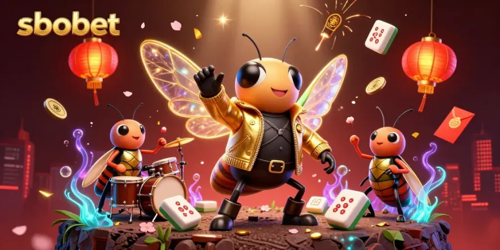SBOBET sports betting illustration featuring a cicada rock star and dynamic casino elements.
