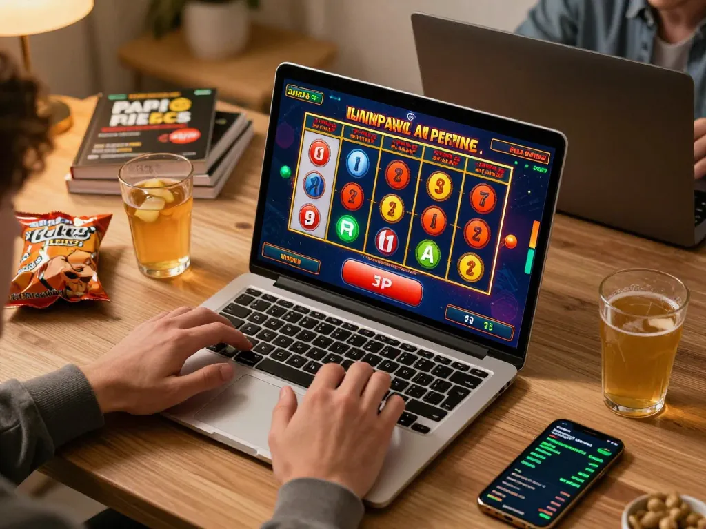Engaging in situs slot gameplay at home with vibrant reels and strategic snacks.