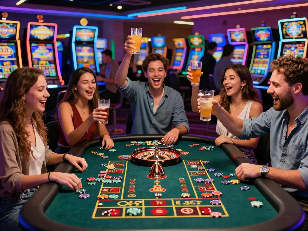Exciting casino gaming night with friends celebrating Lucky777 wins.