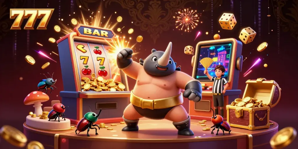 Menggunakan 777, ilustrasi 3D yang menampilkan juara sumo kumbang badak di tengah perayaan jackpot kasino.