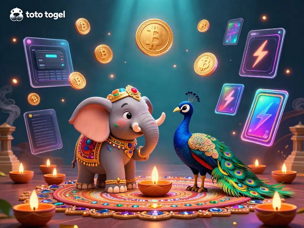 Engage in the toto togel experience with vibrant illustrations showcasing a colorful elephant and crypto elements.