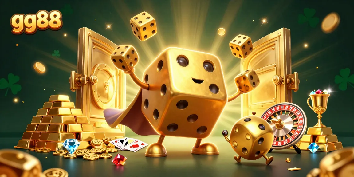 Experience gg88's vibrant casino world with golden dice, overflowing treasures, and dynamic gaming elements.