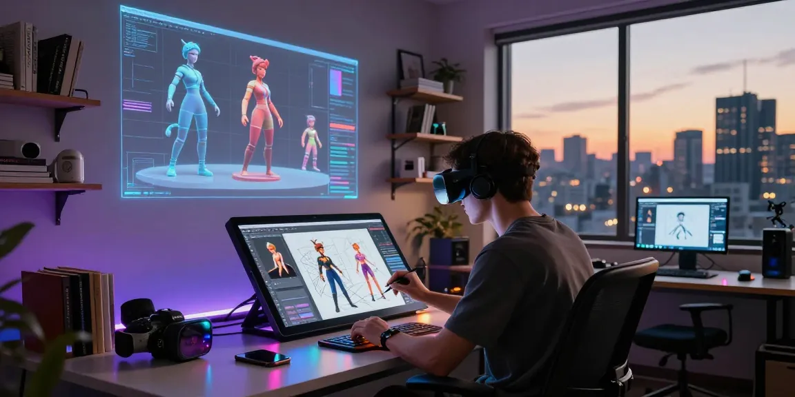 Dynamic NSFW AI creation scene with artist designing customizable characters in a futuristic digital workspace.